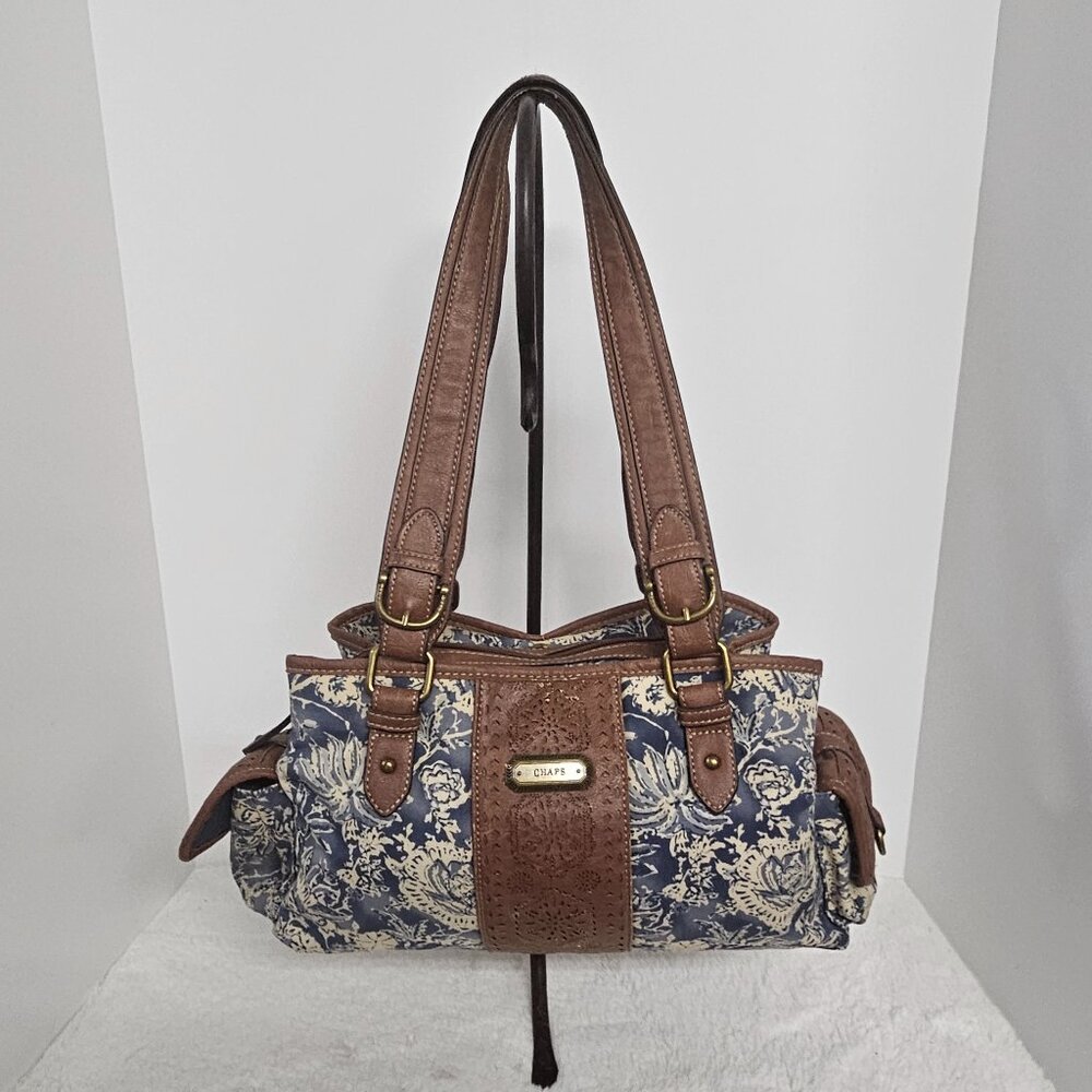 Chaps Blue Brown Floral Shoulder Bag Boho Cottage Faux Leather